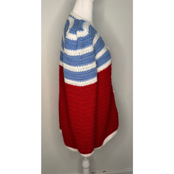 Hand Crocheted Cardigan Sweater Red, White and Blue. Size Large - Picture 6 of 8